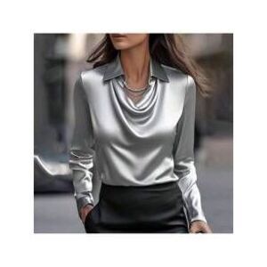 Women's Elegant Satin Silk Shirt V-Neck Front Pleated Long Sleeved Work Shirt T…